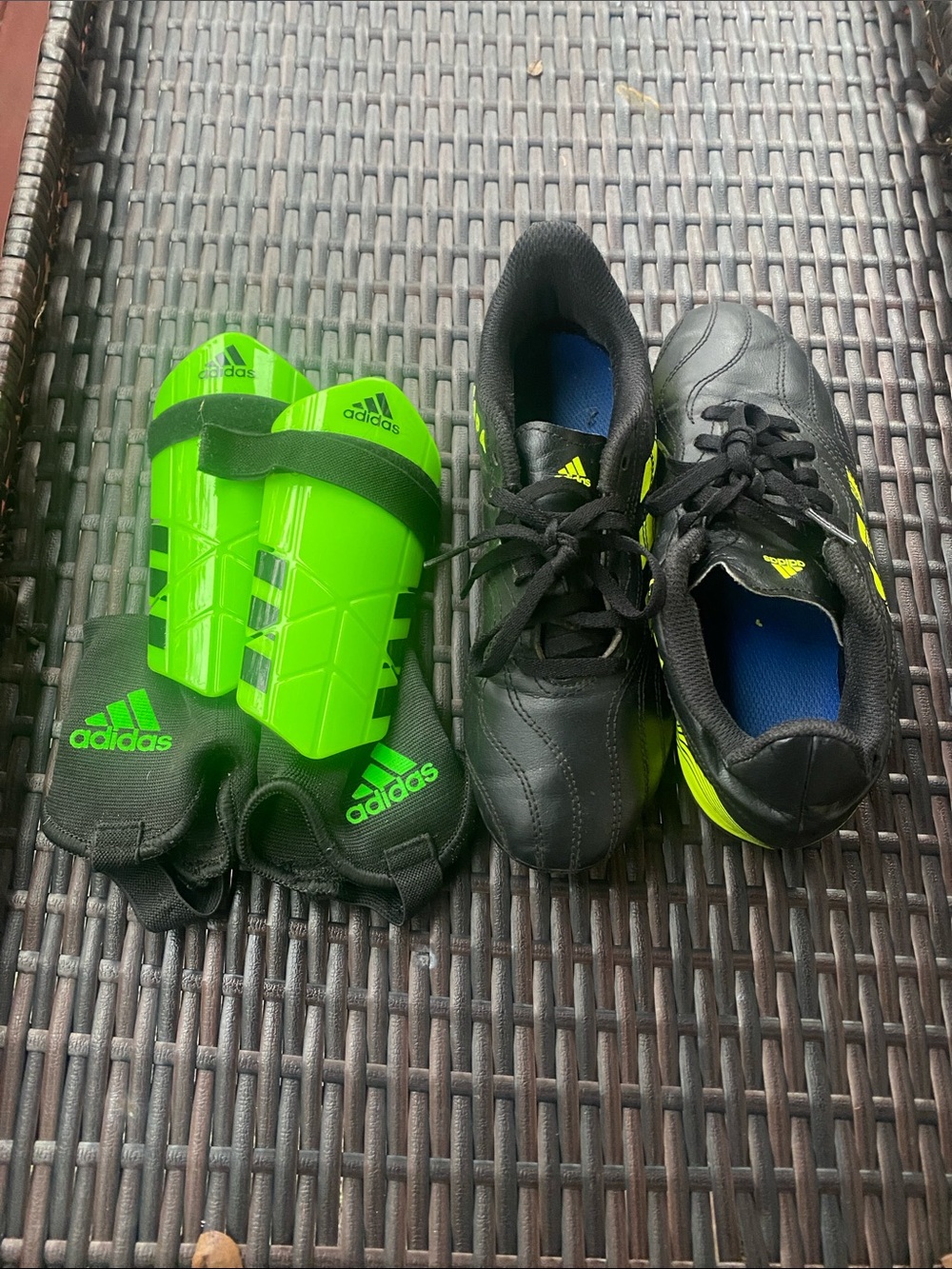 adidas Kids Black and Neon Green Soccer Cleats with Matching Shin Guards